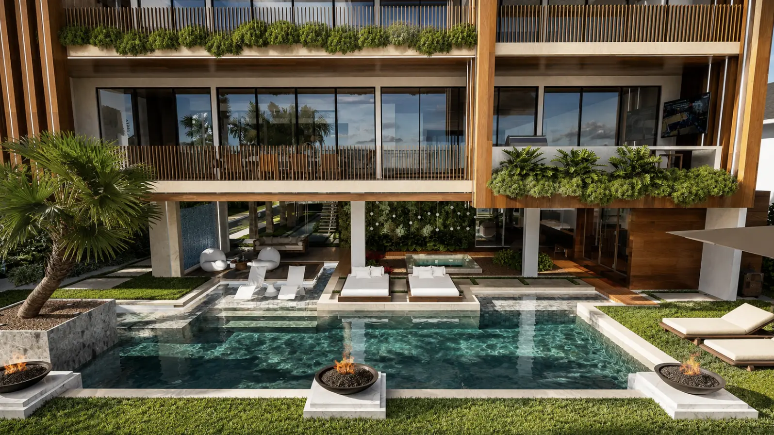 Multi-level pool terrace with waterfall, greenery and fire bowls