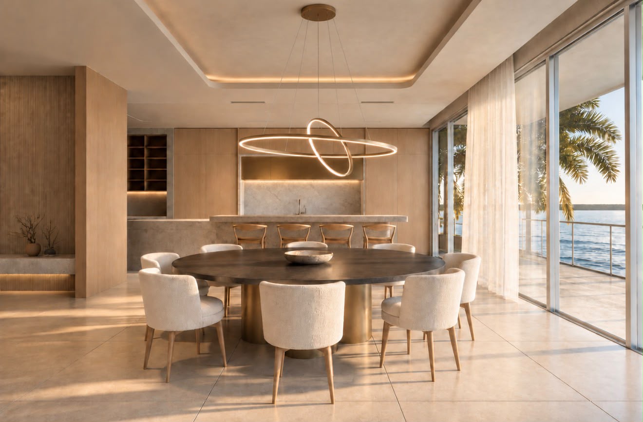 Dining room with circular table and sculptural chandelier overlooking the water