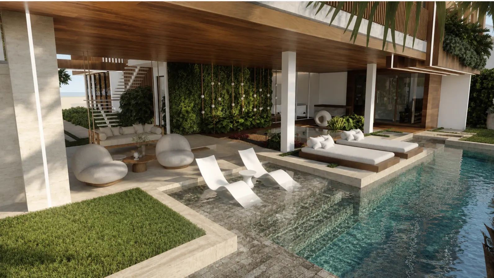 Covered pool terrace with lounge chairs and lush green walls