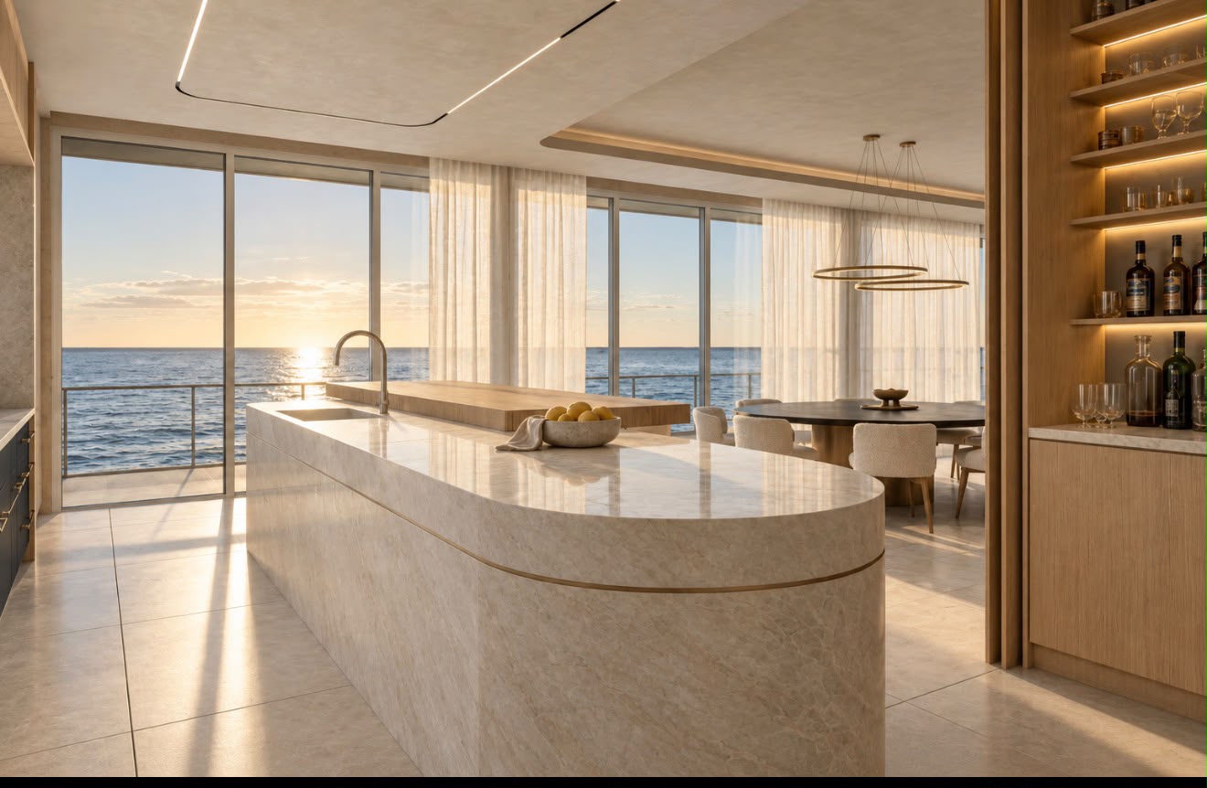 Ocean-view kitchen with curved marble island at sunset