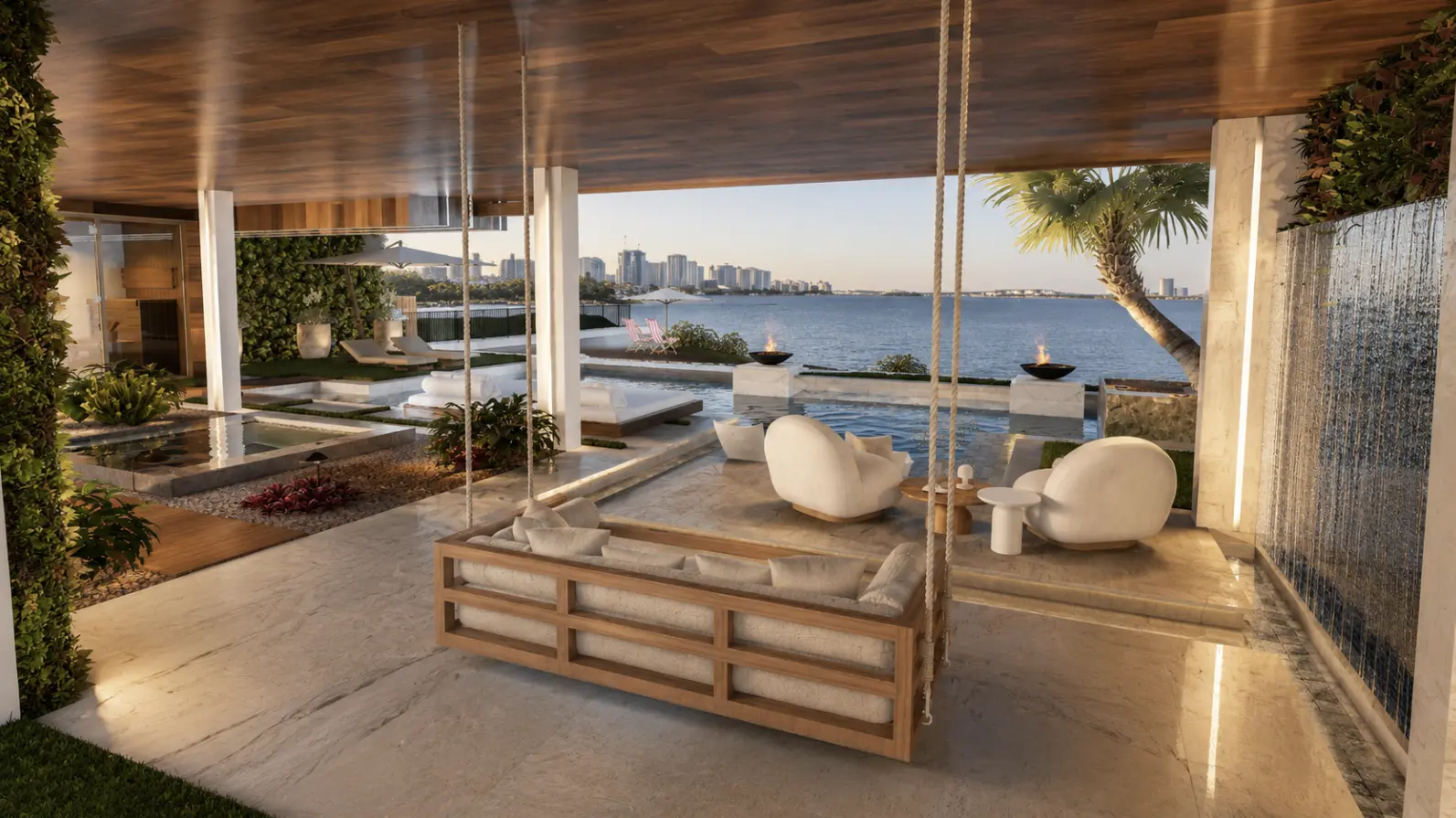 Waterfront terrace with swing bed and bay outlook