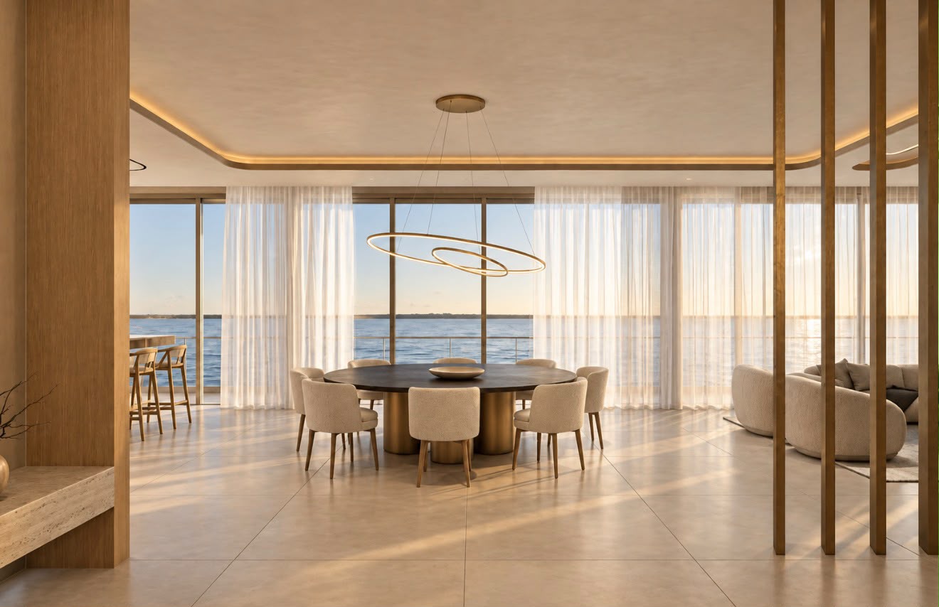 Open living and dining space with sheer curtains and bay views